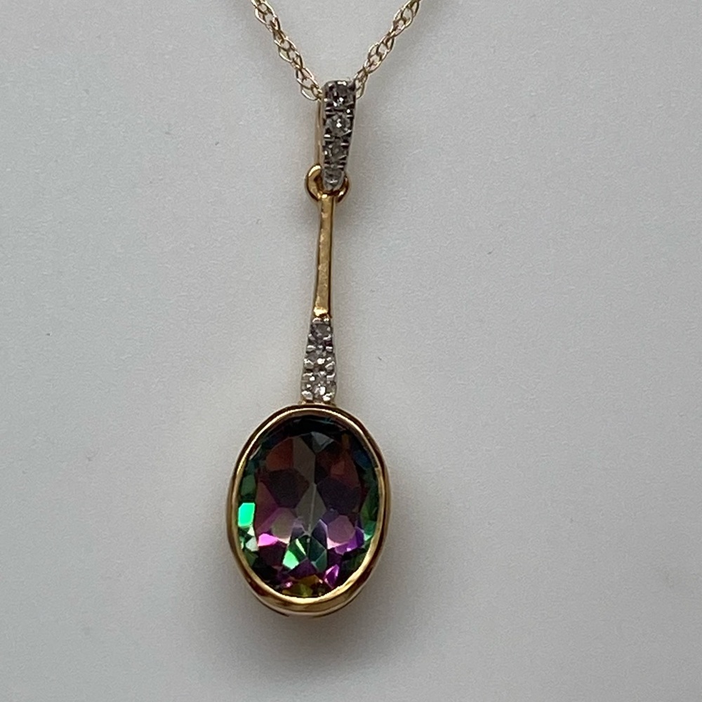 10K Yellow Gold Bezel Set Mystic Topaz and Diamond Pendant with Chain NEW